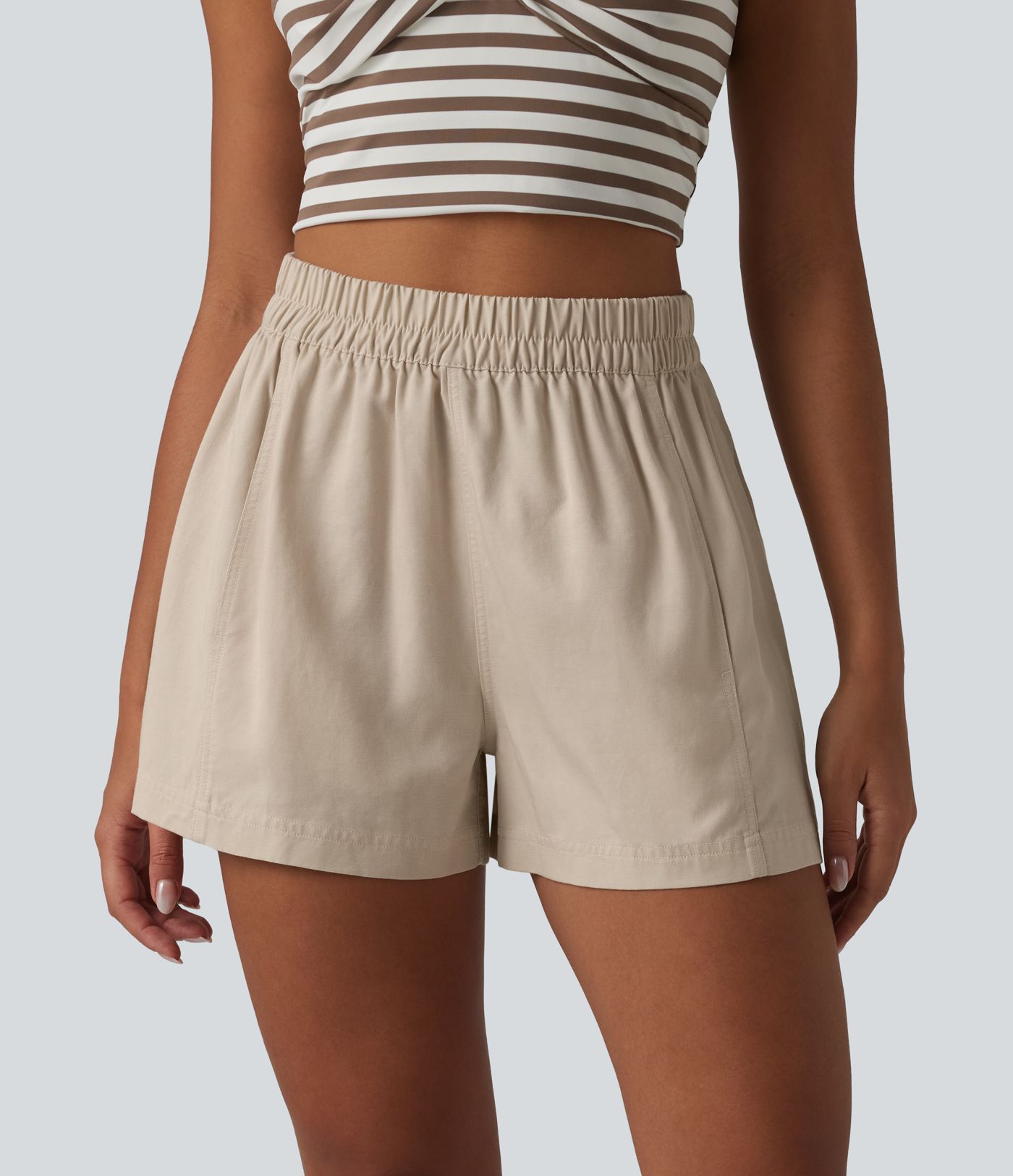 Short ample décontracté taille haute en lyocell et lin mélangés, avec poches