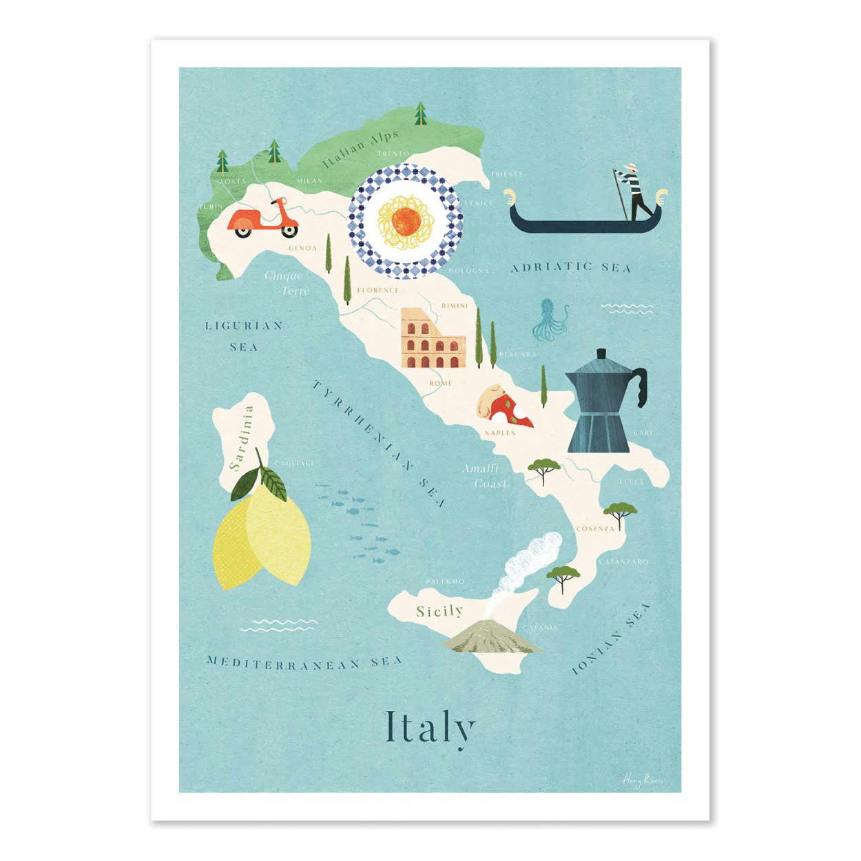 HENRY RIVERS - ITALY MAP TRAVEL POSTER - Affiche d'art 30 x 40 cm
