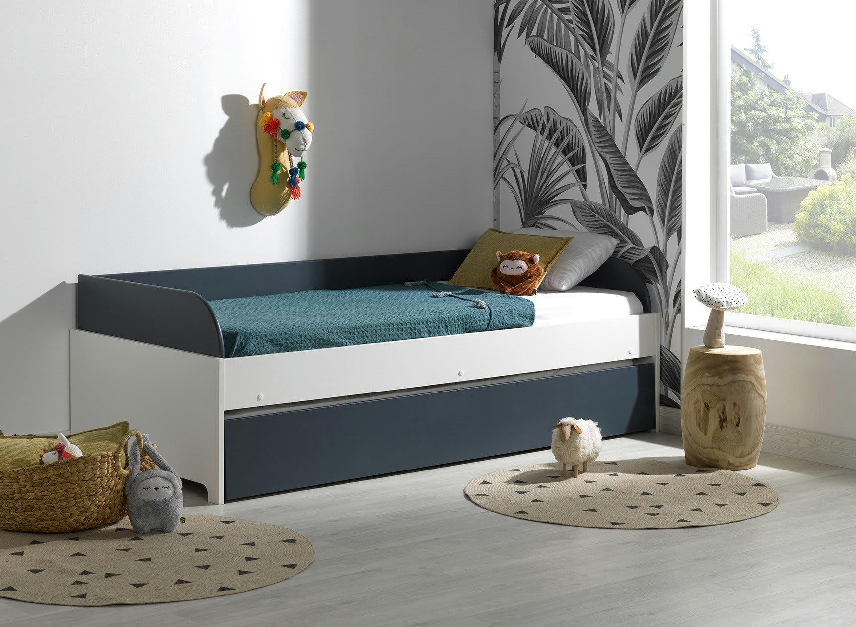 MANLY - Lit banquette gigogne 90x190 Blanc et Bleu