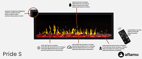 Cheminée électrique AFLAMO Pride S115 - murale ou encastrable - 115x42x14 cm - cheminée LED sans chauffage