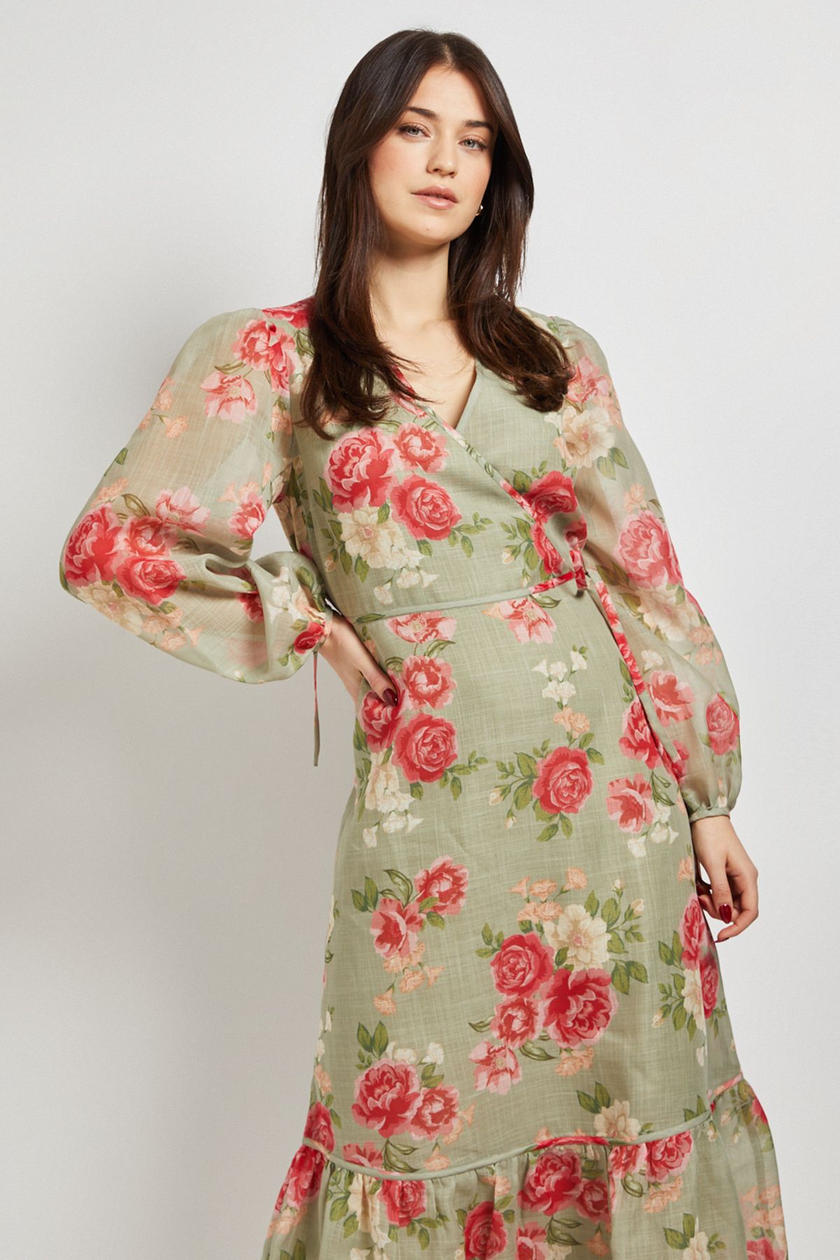Dorothy Perkins Green Floral Printed Wrap Detail Blouson Sleeve Maxi Dress