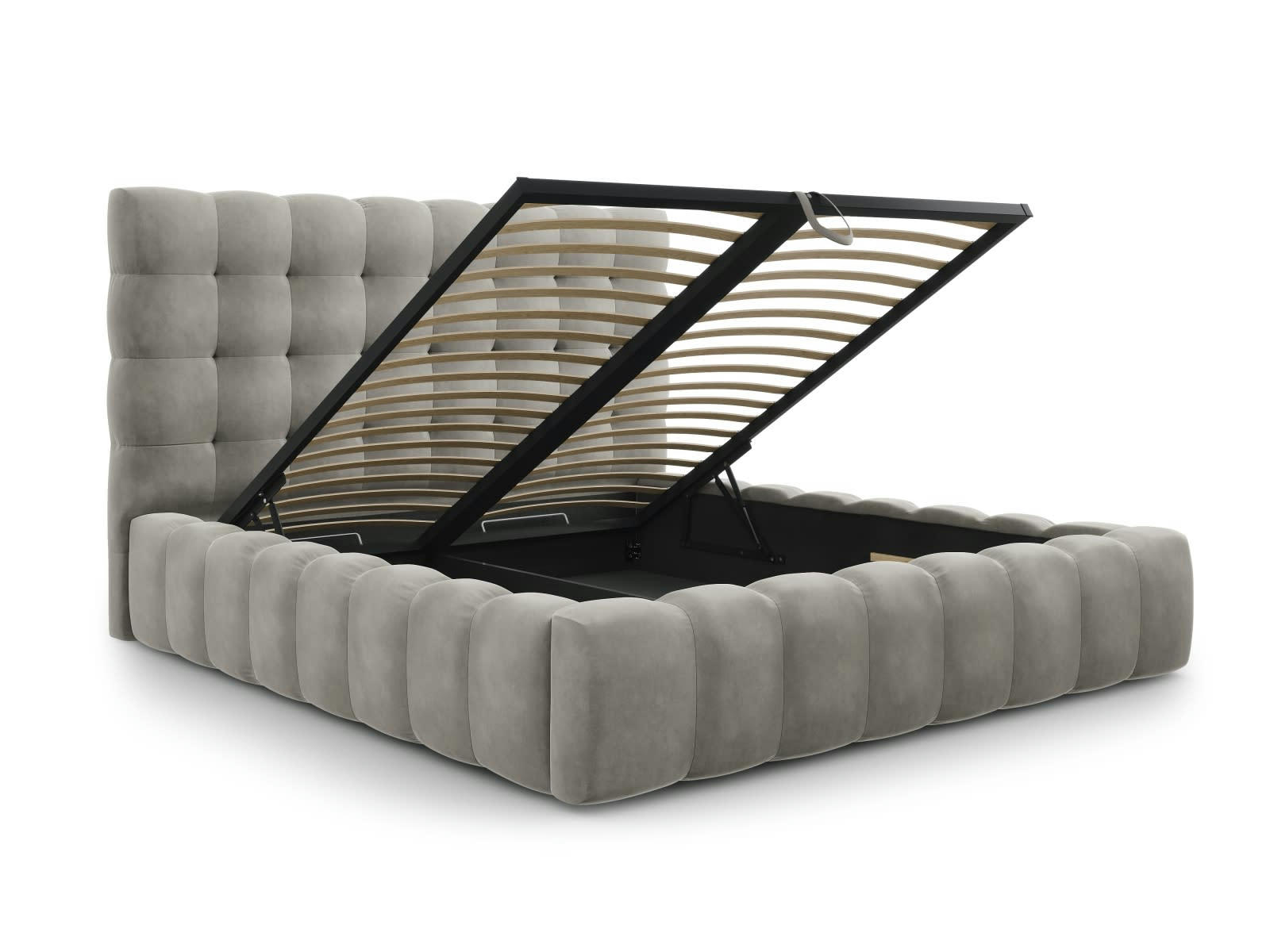 MAMAIA - Lit coffre en avec tête de lit 180x200cm en tissu velours gris clair