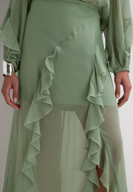 Womens Green Ruffle Sheer Midi Skirt