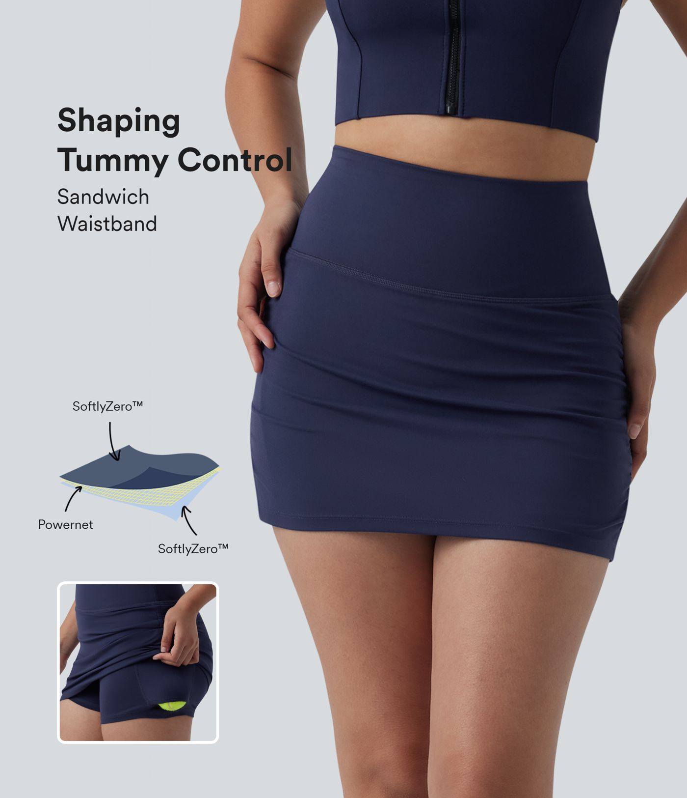 SoftlyZero™ Jupe de tennis mini moulante 2-en-1 ventre plat taille haute froncée avec poches - UPF50