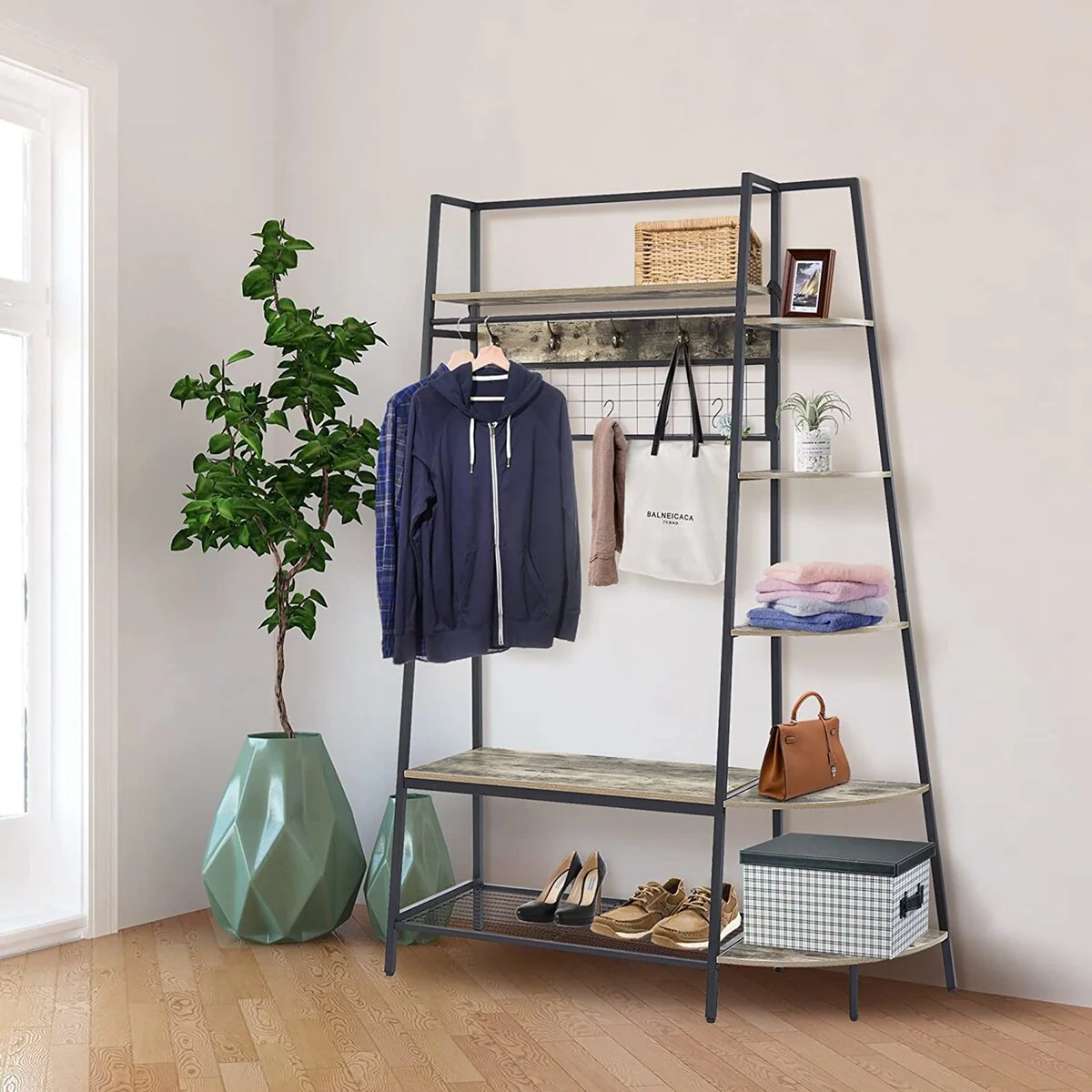 Entryway Coat Rack/ Hall Tree with Bookshelves, Hooks and Bench