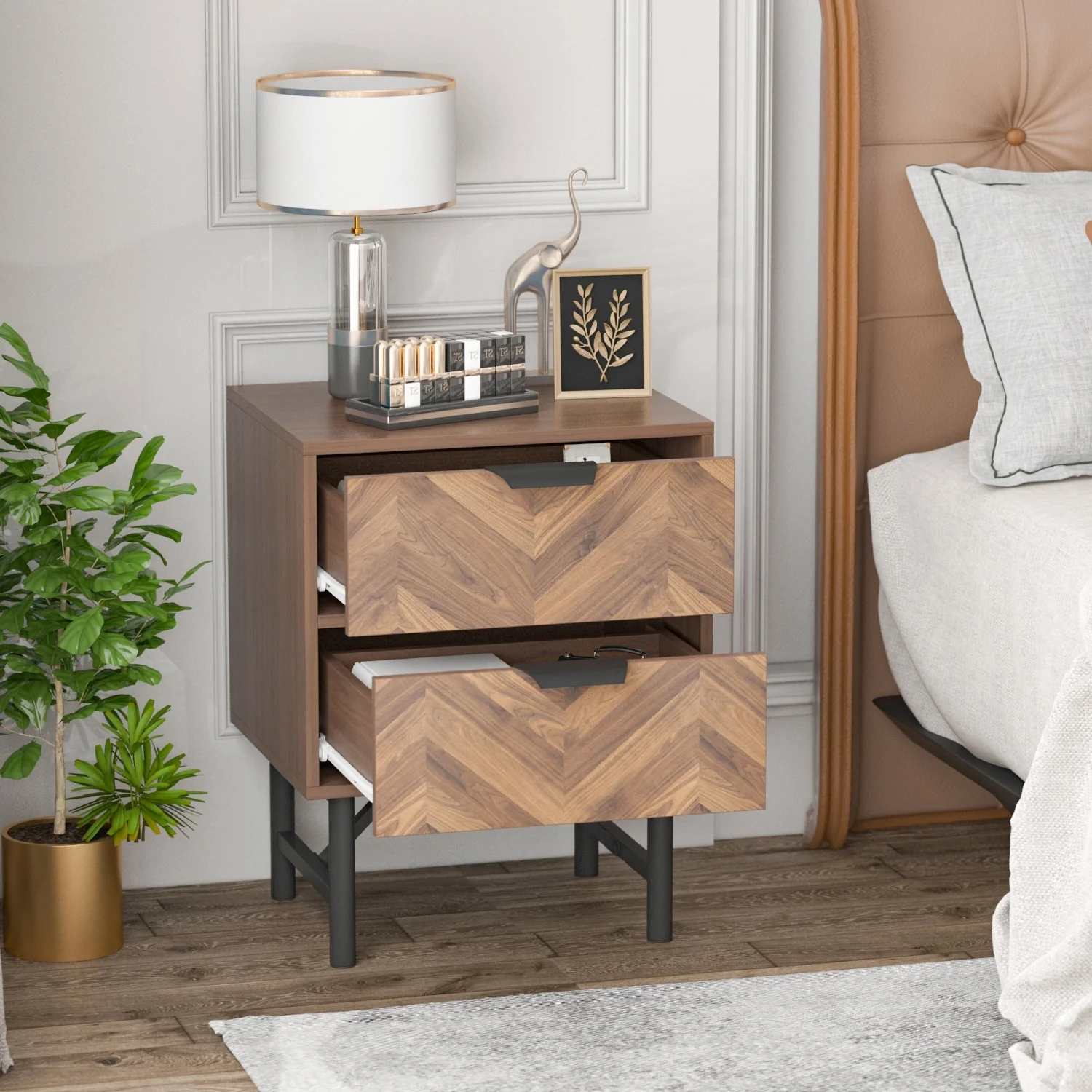 Kerrogee 2-Drawer Nightstand with Metal Leg - Bedside Table - Brown