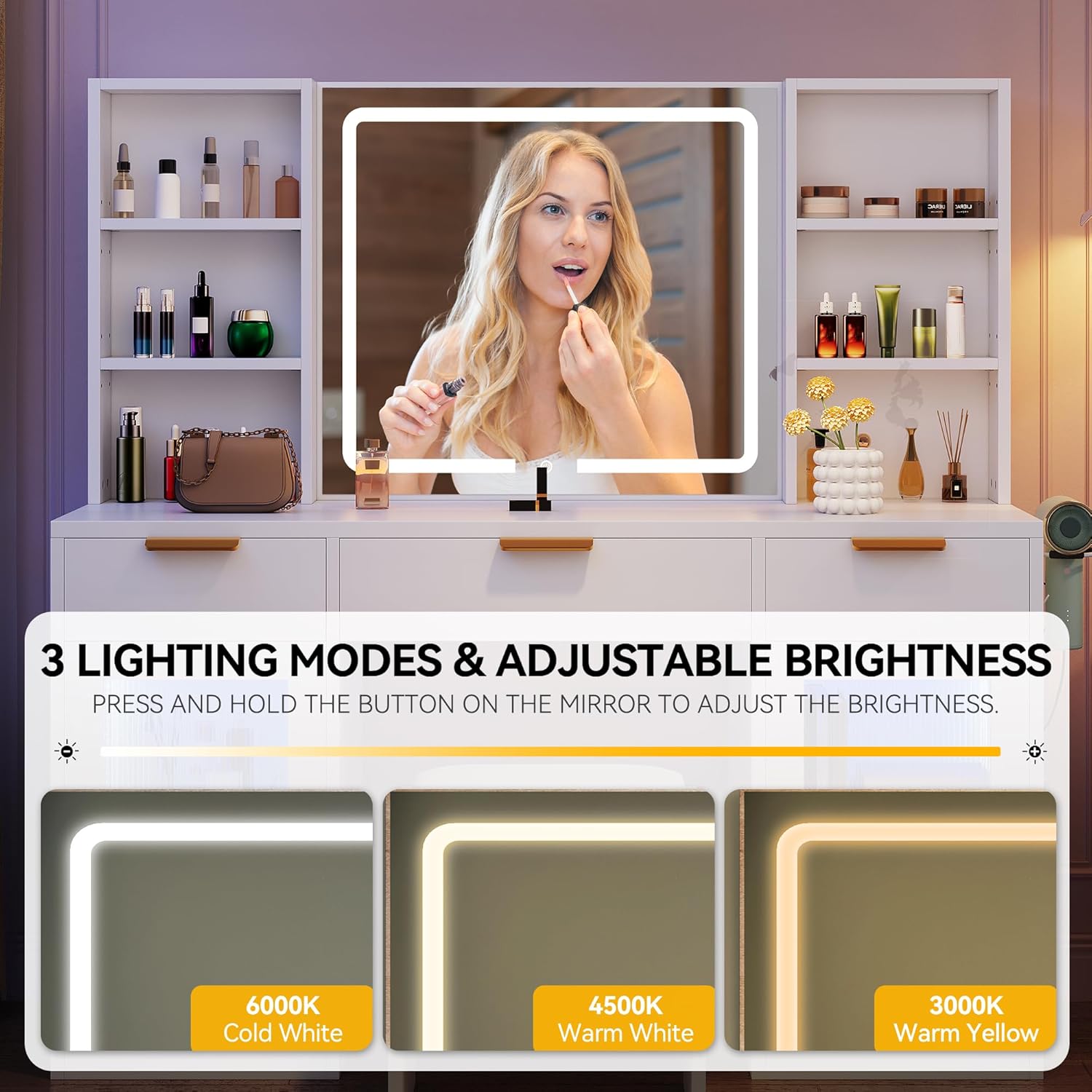 DWVO 56.3 Makeup Vanity with LED Lighted Mirror, Large Vanity Desk with RGB Glass Cabinets, Open Shelving, Built-in Power Strip & Cushioned Stool
