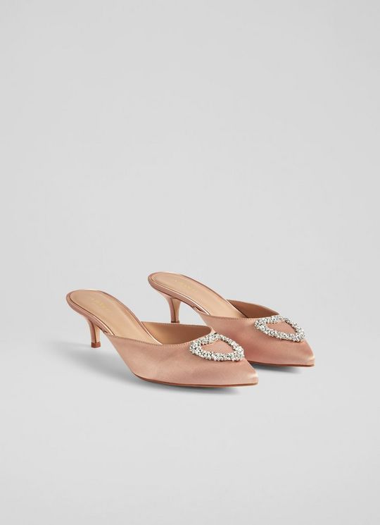 Estella Beige Satin Heart Brooch Mules
