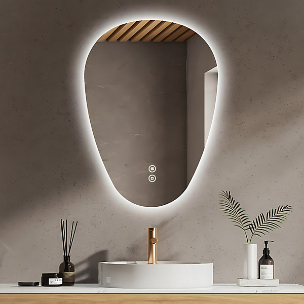EMKE Miroir Salle de Bain avec éclairage 80x60cm,Asymétrique,Interrupteur Tactile, 3 Couleurs de LED Lumière Réglables, Anti-Buée