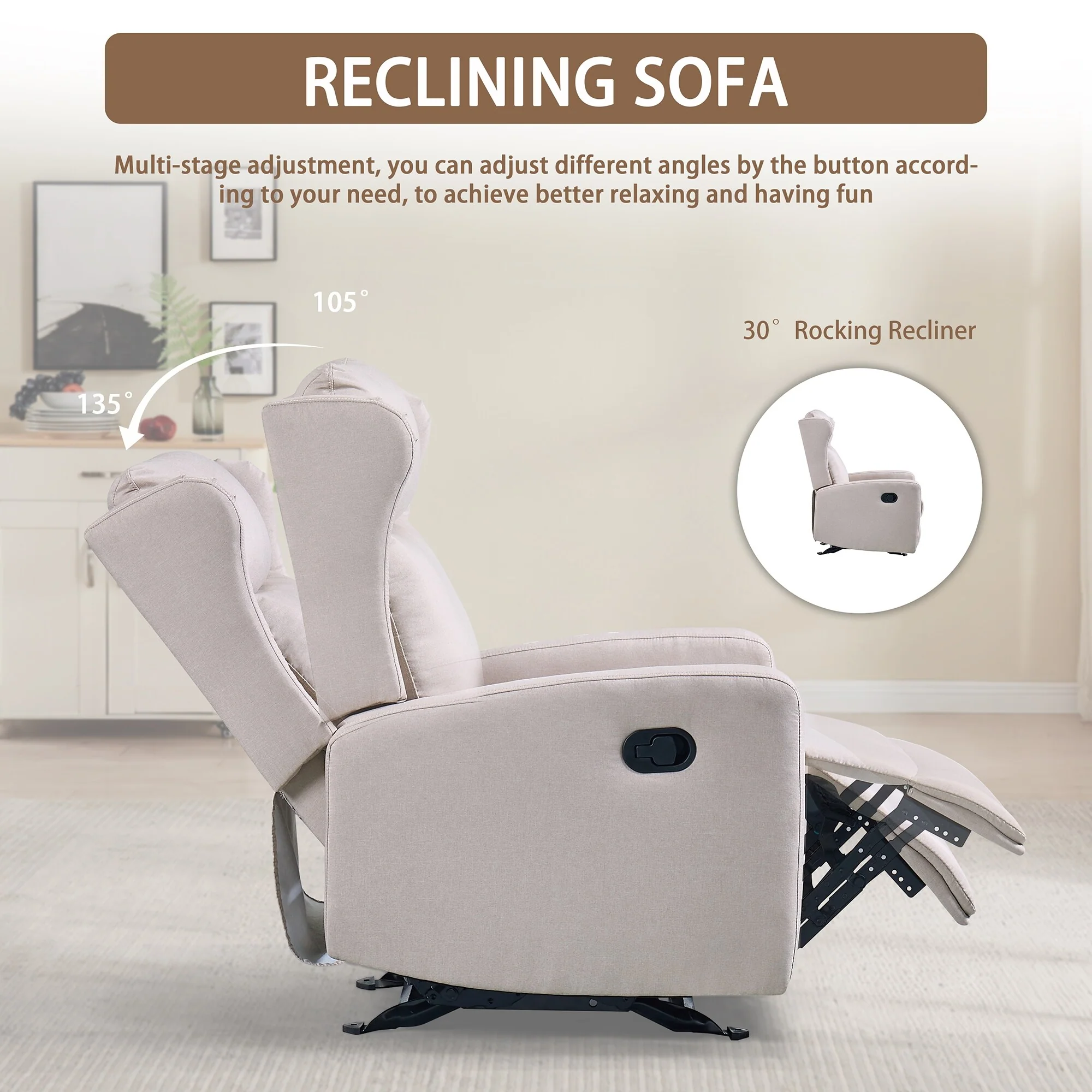 Adjustable Rocker Recliner Chair (90°-165°) - Premium Linen Upholstery with 30° Gentle Rocking Motion