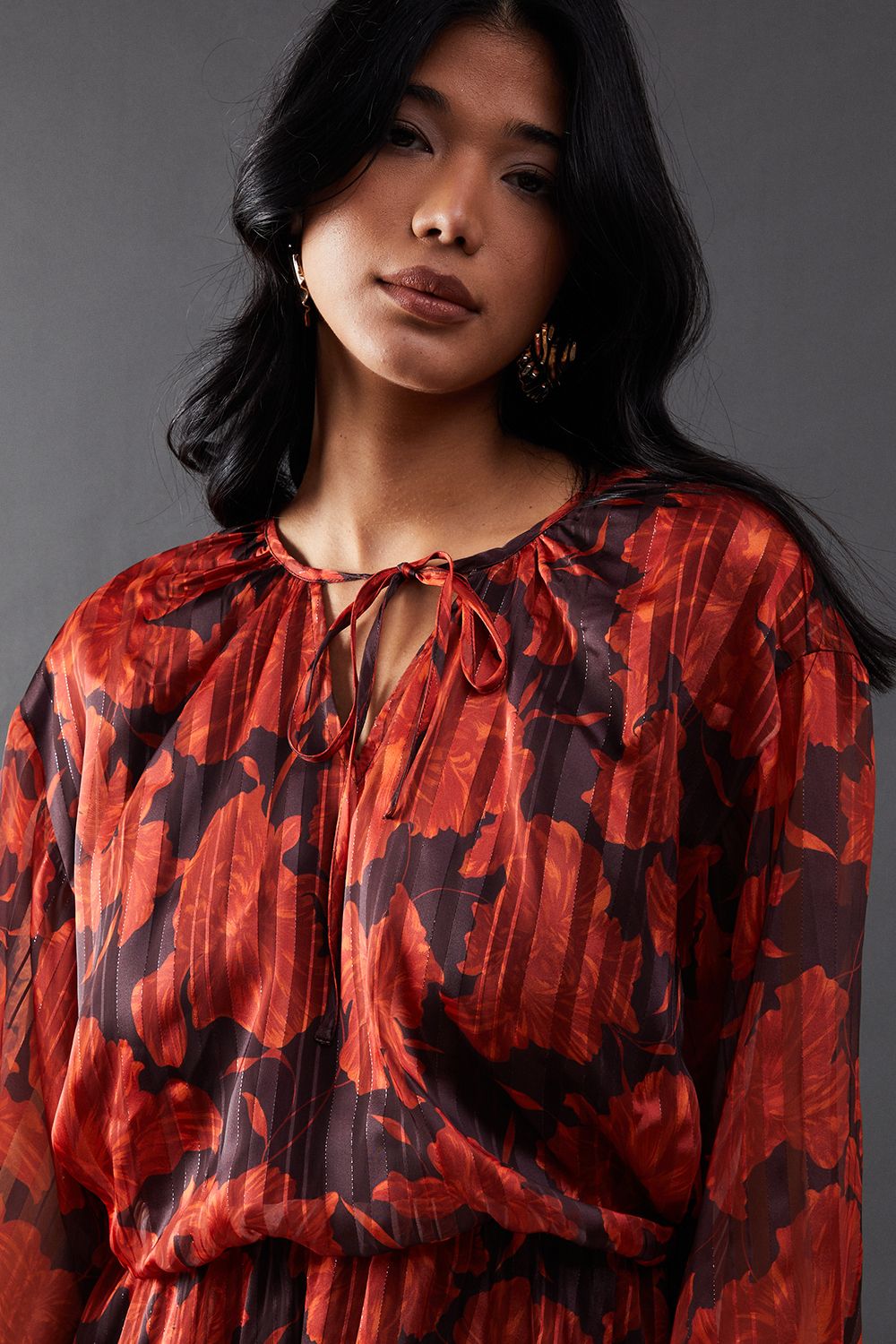 Warehouse Print Shadow Stripe Volume Sleeve Mini Dress