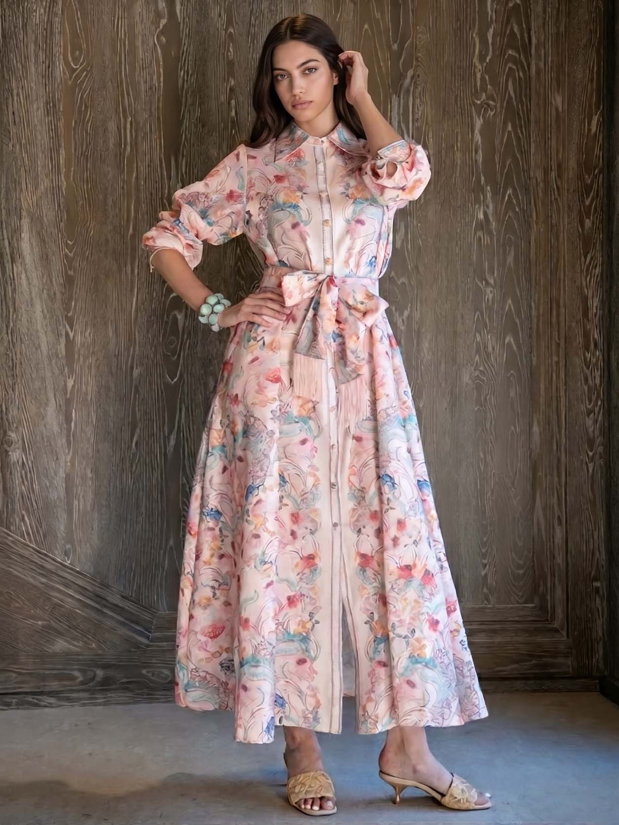 Exquisite Pastel Print Tie-Front Shirt Maxi Dress