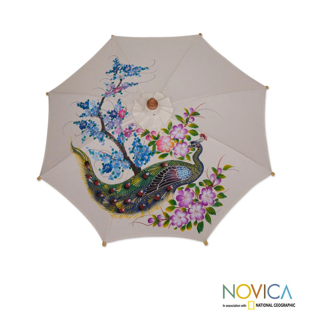Handmade Cotton Bamboo 'Thai Peacock Garden' Parasol (Thailand)