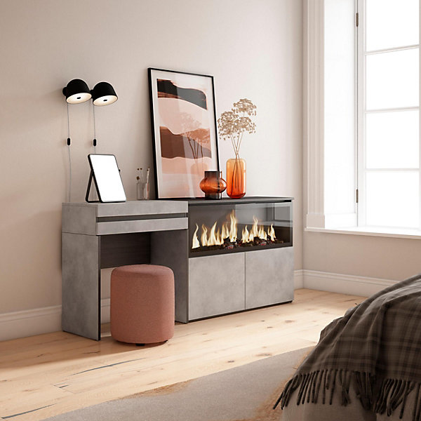 Coiffeuse 177x35x75cm avec tiroir feu led sans chaleur XXL gris ciment