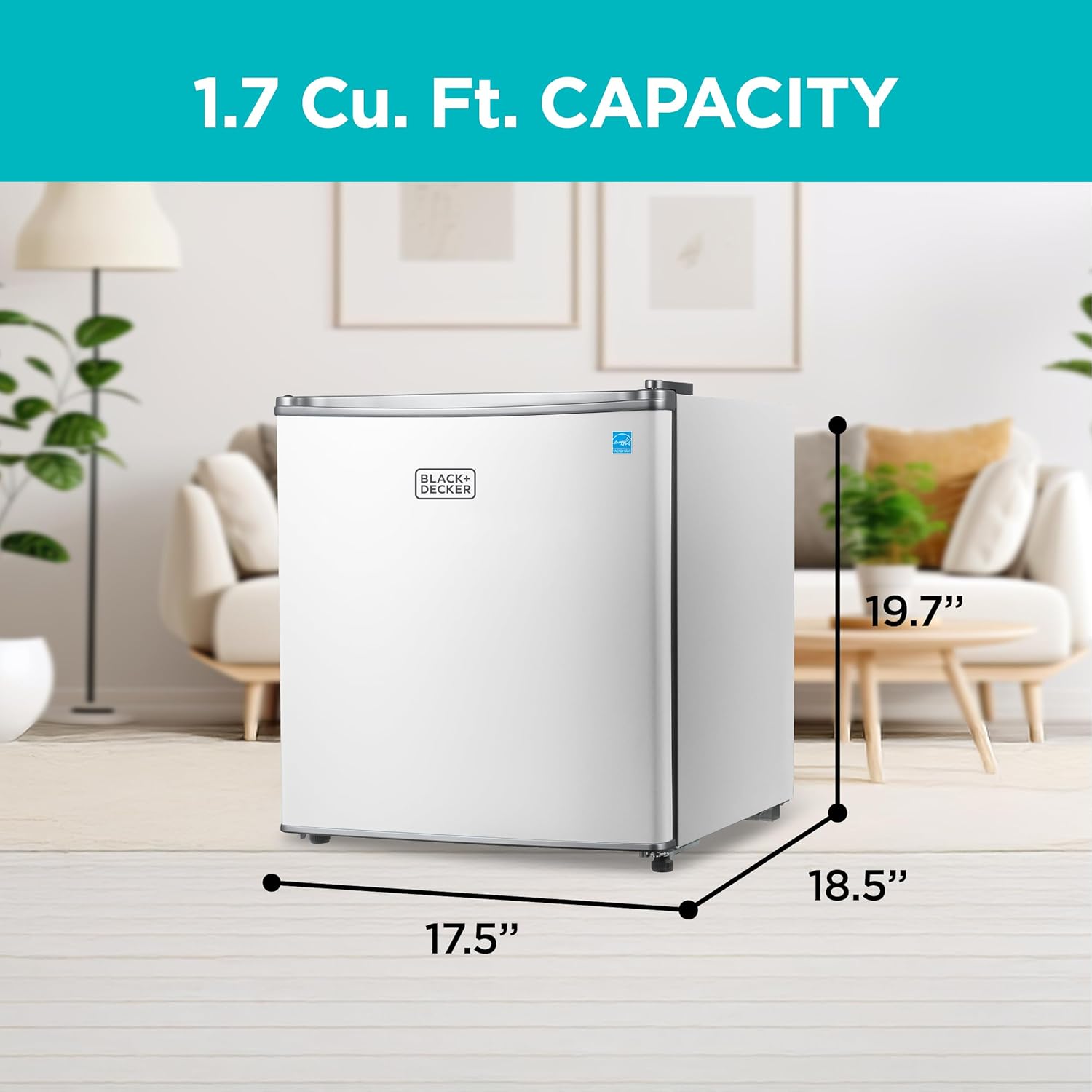 BLACK+DECKER 1.7 Cu. Ft. Compact Refrigerator, ENERGY STAR Certified, Single Door Mini Fridge with Chiller Compartment, Personal Fridge for Home or Dorm Room, R600a Refrigerant, BCRK17W, White