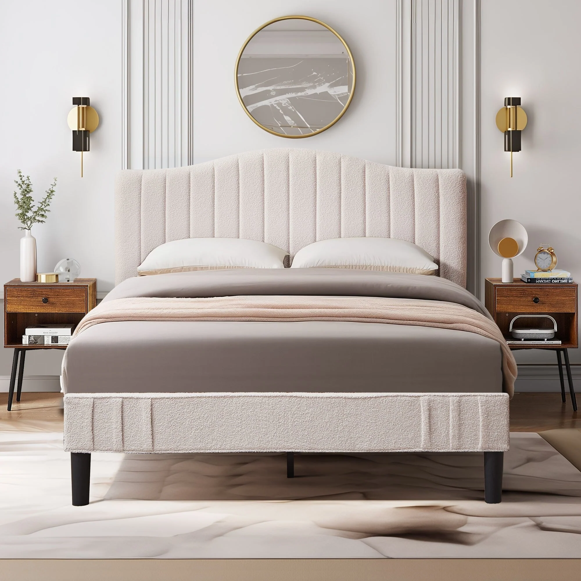 VECELO, 3-Pieces Bedroom Sets, Upholstered Platform Bed Frame with Adjustable Headboard and Nightstands Set of 2