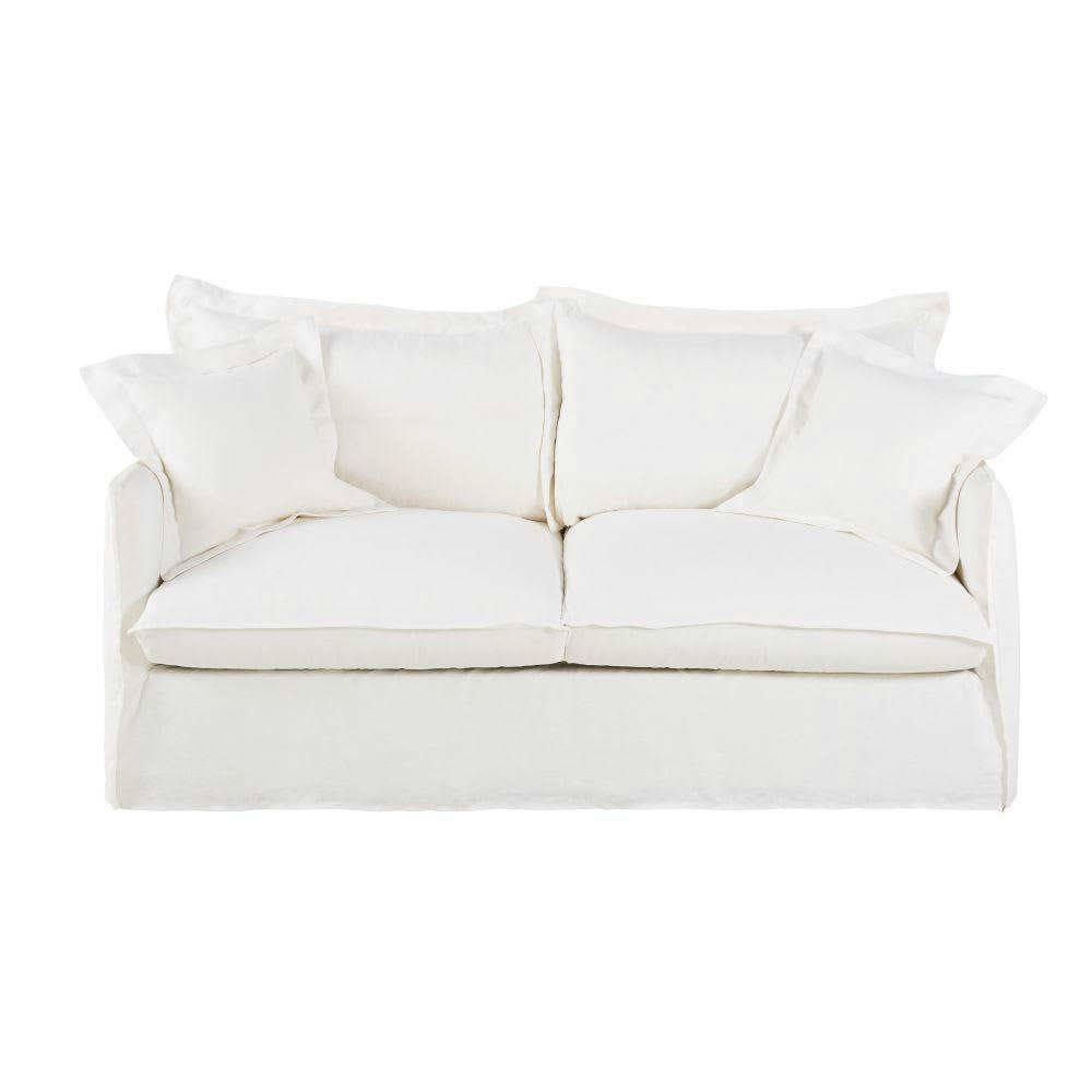 Barcelone - Canapé convertible 3 places en lin blanc, matelas 14 cm