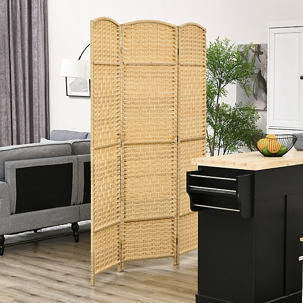 Paravent intérieur 3 panneaux pliables en bois séparateur de pièce style bohème tissé naturel