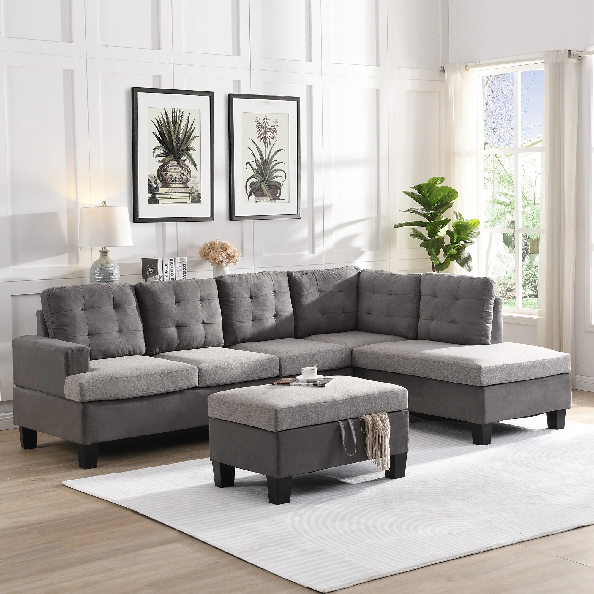 Grey 102.36'' Modern 6-Seat Sectional Sofa Set with Chaise Lounge, Storage Ottoman, and 6 Soft Microfiber Pillows
