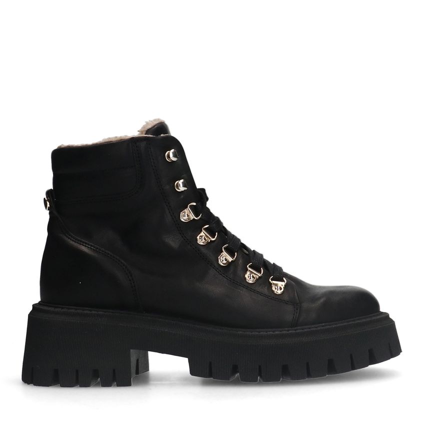 Manfield Zwarte leren veterlaarsjes