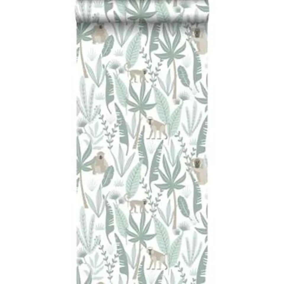 ESTAhome behang - jungle apen - mintgroen - 0.53 x 10.05 m