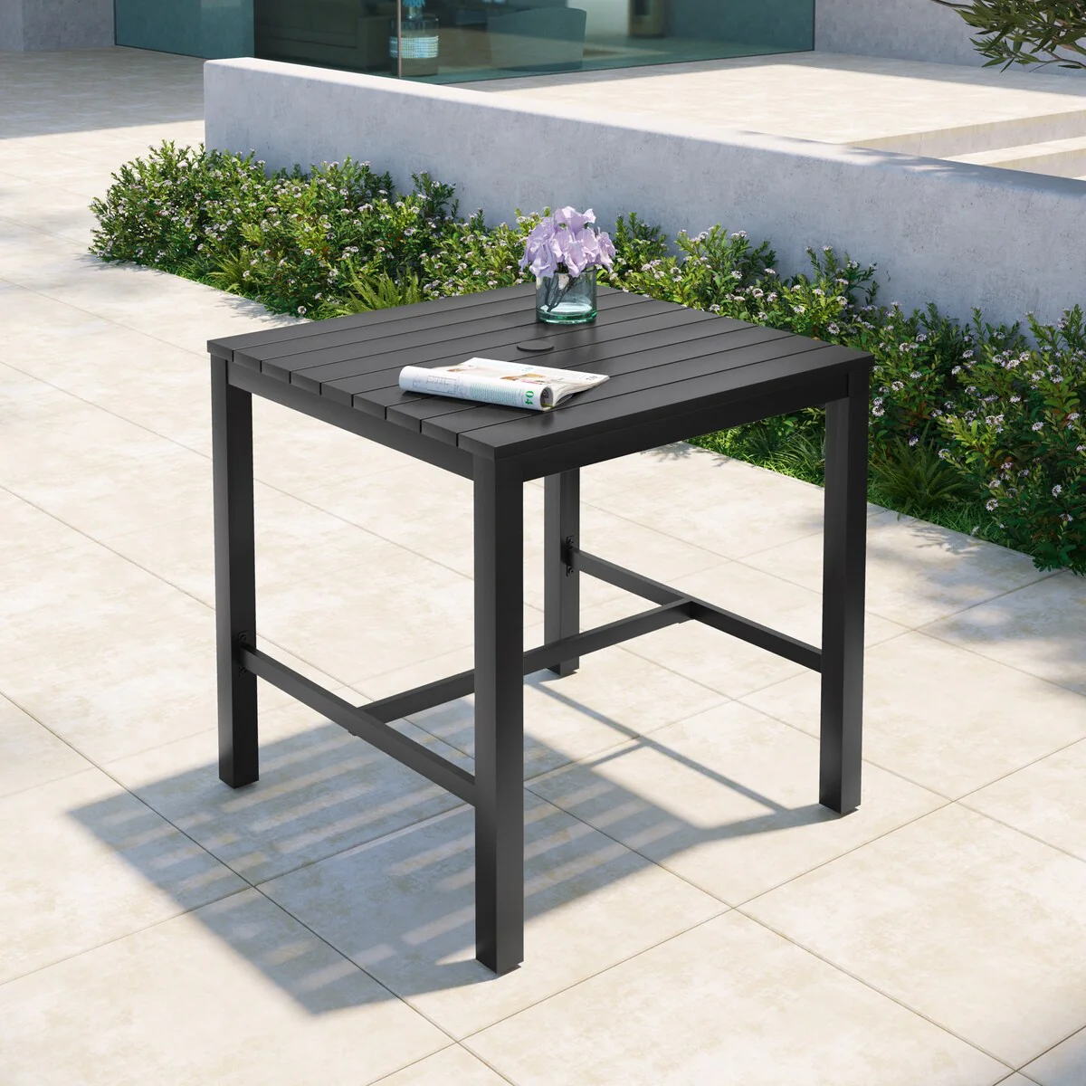 Pellebant Aluminum Outdoor Square Bar Table with Umbrella Hole - 35.4 in L* 35.4 in W * 37.4 in H