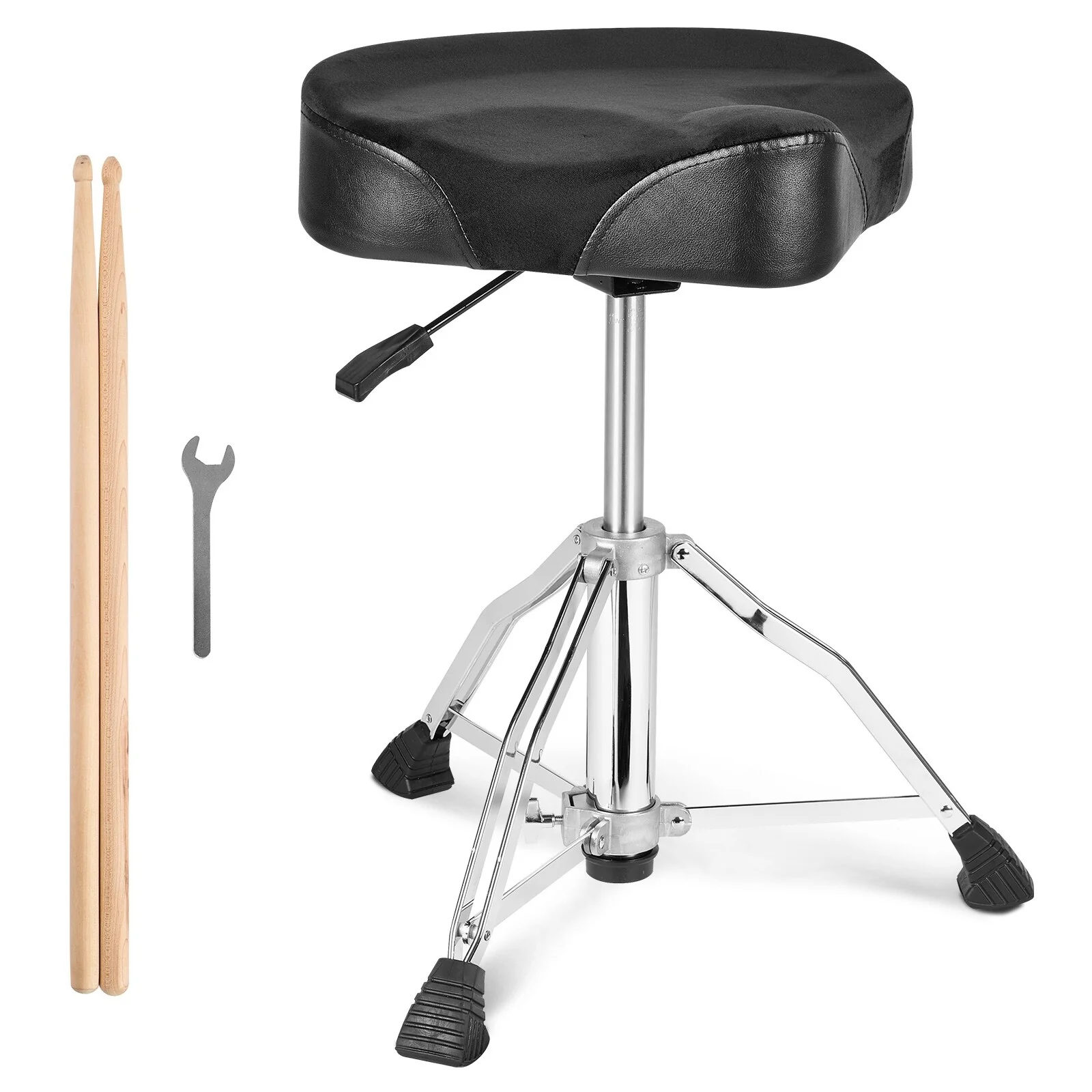 Drum Throne with Backrest ydraulic Saddle Padded Drum Stool Seat with Anti-Slip Feet Drumsticks