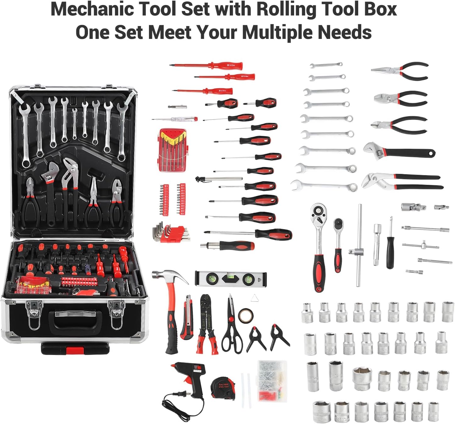 800 PCS Home Tool Set with Rolling Tool Box, Professional Mechanic Repair Kit, General Household Hand Tool Set with Aluminum Trolley Case for Homeowner, DIY