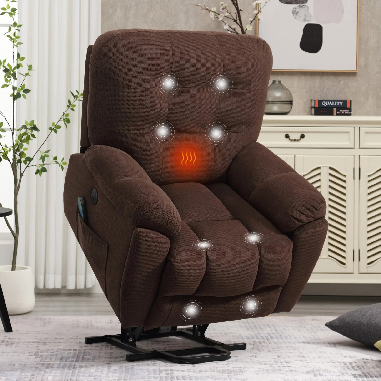 Power Lift Recliner with Massage, Heat, USB Charging, Hidden Cup Holders, and Adjustable Reclining Positions