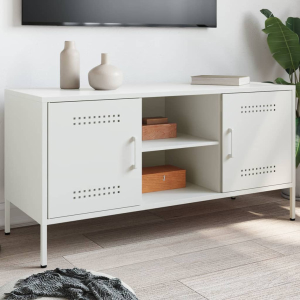 Szafka Pod Telewizor Półka Stolik RTV Biały Stal 100.5x39x50.5 cm