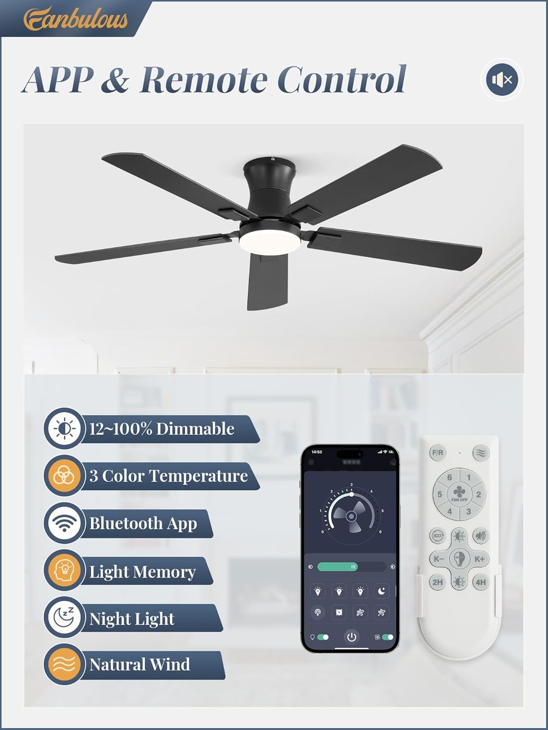 Fanbulous 52 inch ceiling fan with light, Low Profile Ceiling Fan with Light, App&Remote Control, Dimmable LED Light, Flush Mount Ceiling Fan for Indoor Bedroom Living Room, Qiuet DC Motor, Black