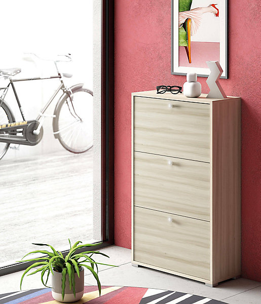 Meuble chaussures Dlos, Meuble d'entrée polyvalent avec 3 portes pliantes, Meuble à double profondeur, 67x28h112 cm, Olmo