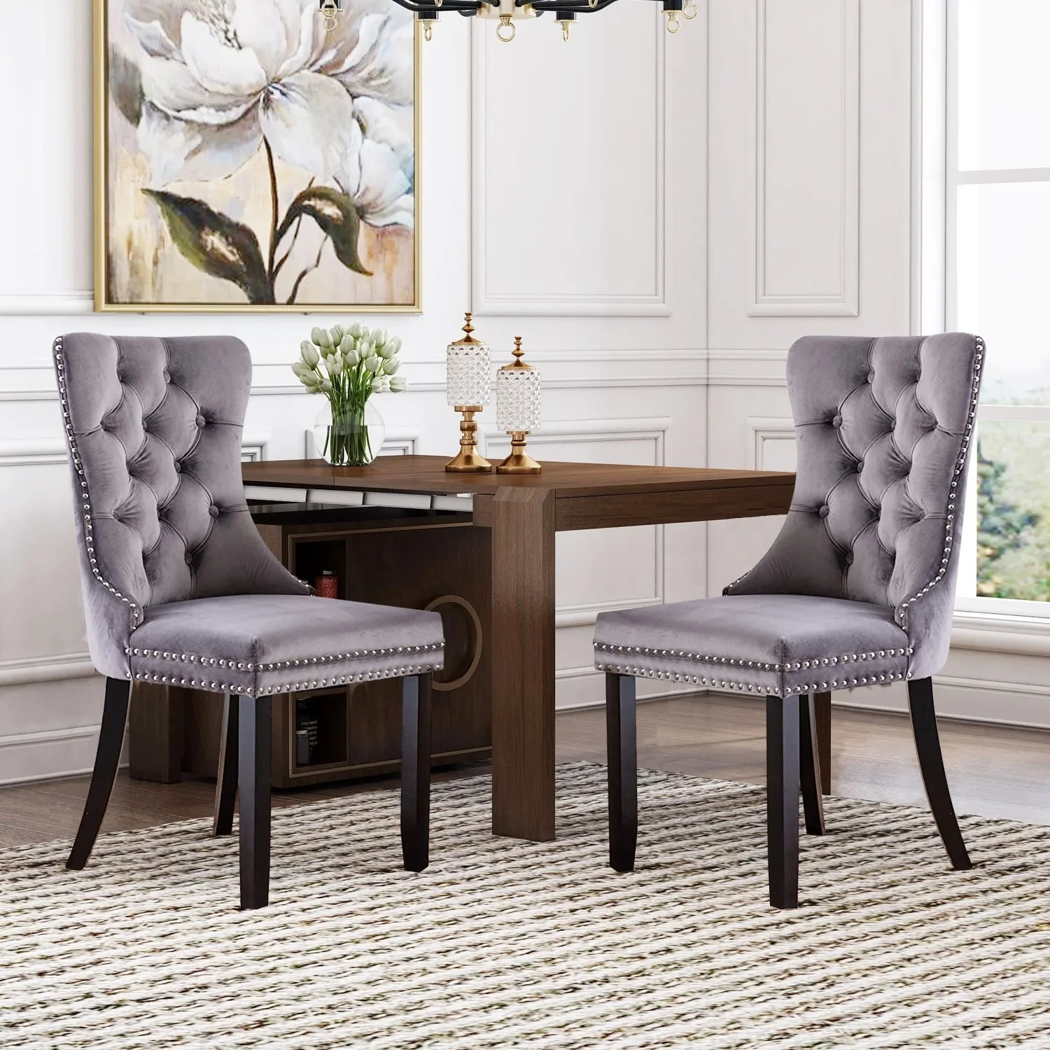 Velvet Modern Dining Chairs Set of 2, Upholstered Dining Side Chairs with Wood Legs, Nailhead Trim, Modern Dining Chairs - N/A