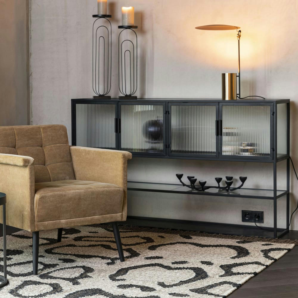 BOLI - Buffet 4 portes 1 étagère en métal et verre trempé noir