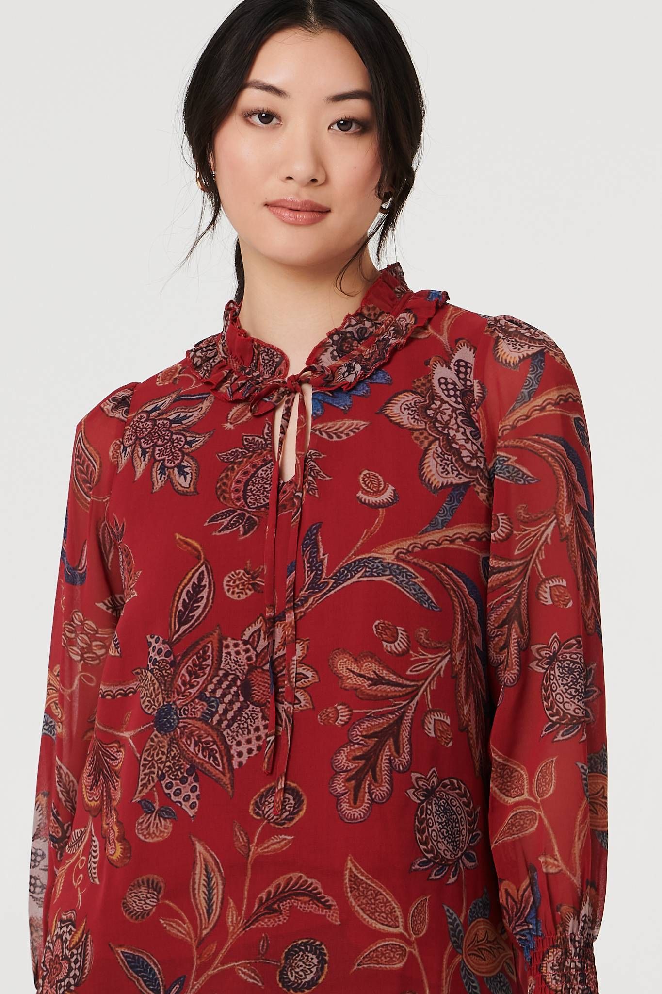 Izabel London Floral Frill High Neck Relaxed Blouse