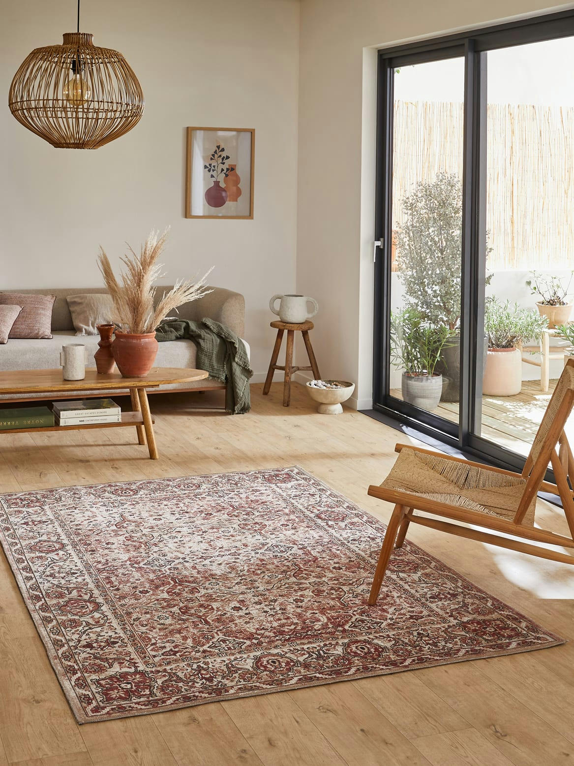 CARRY - Tapis vintage motif fleuris effet usé rose et crème – 160x230