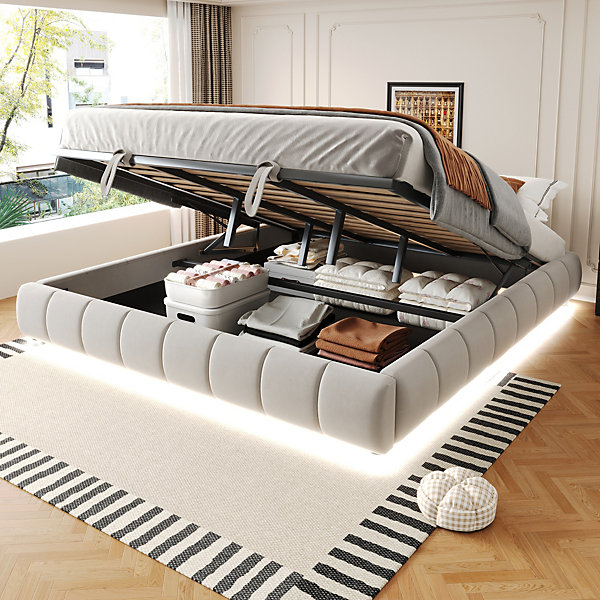 Lit 180x200 cm sans tête de lit avec rangement hydraulique et bande LED blanche, revêtement flanellette beige