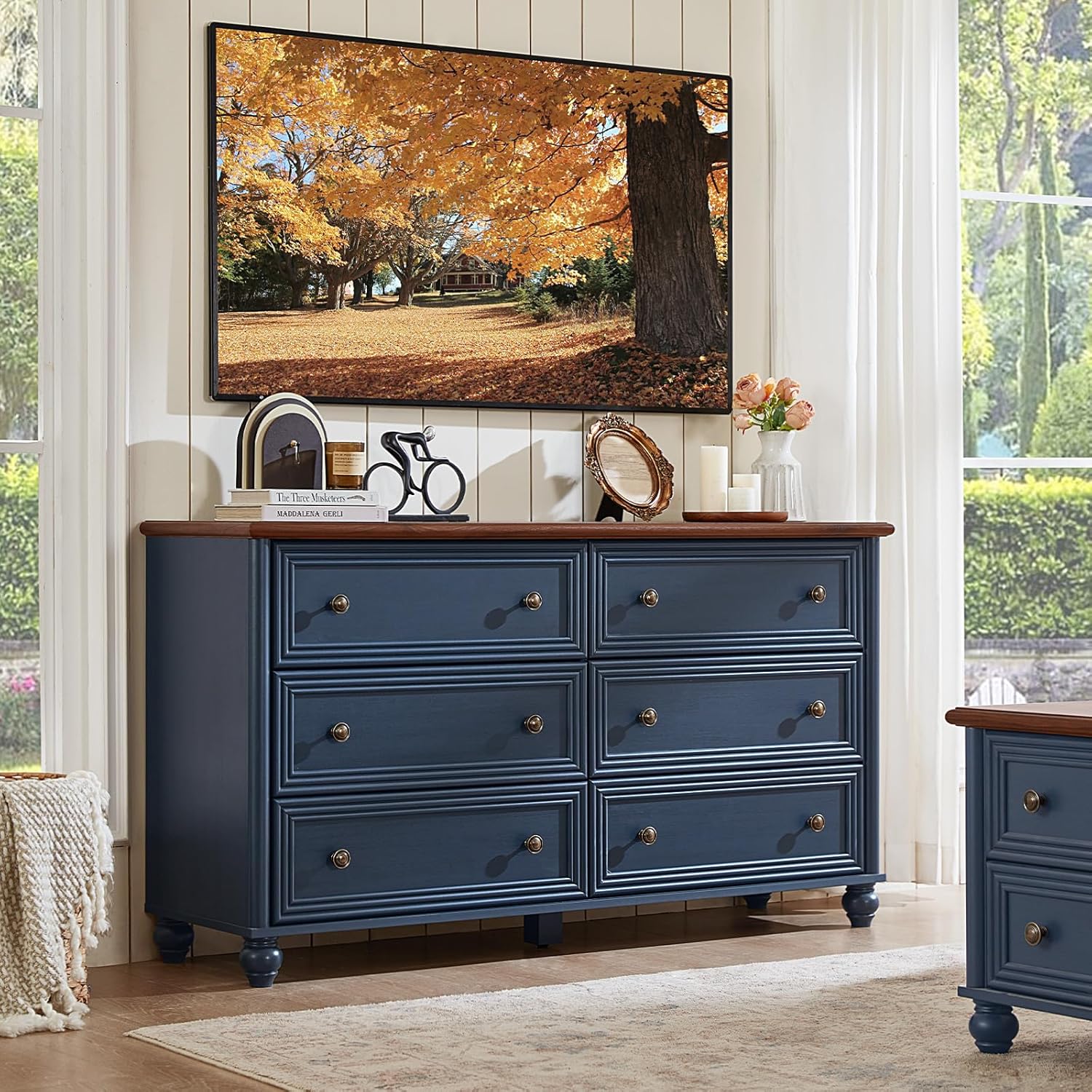 Farmhouse Dresser and Nightstand Sets 4 Piece, Wooden 6 Drawers Dresser & 43.5 Tall Chest of Drawers, 18 Roman Column Nightstand Set of 2, Furniture Dressers for Bedroom, Living Room