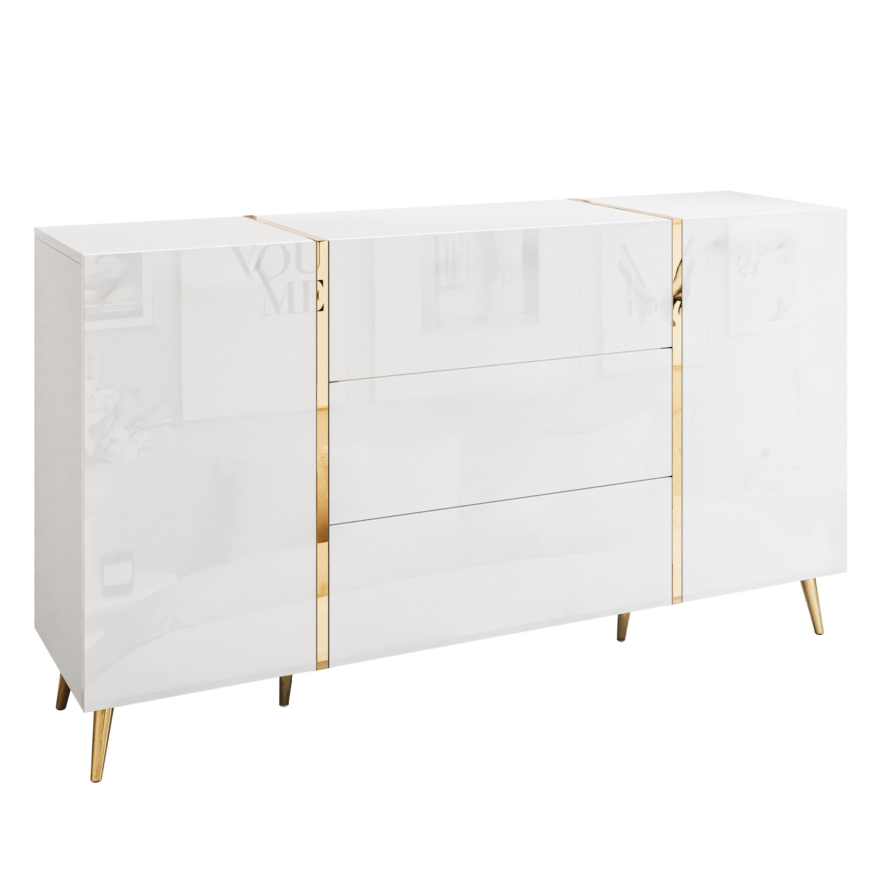 Komoda z szufladami ONYX biały połysk złote nóżki 158 cm