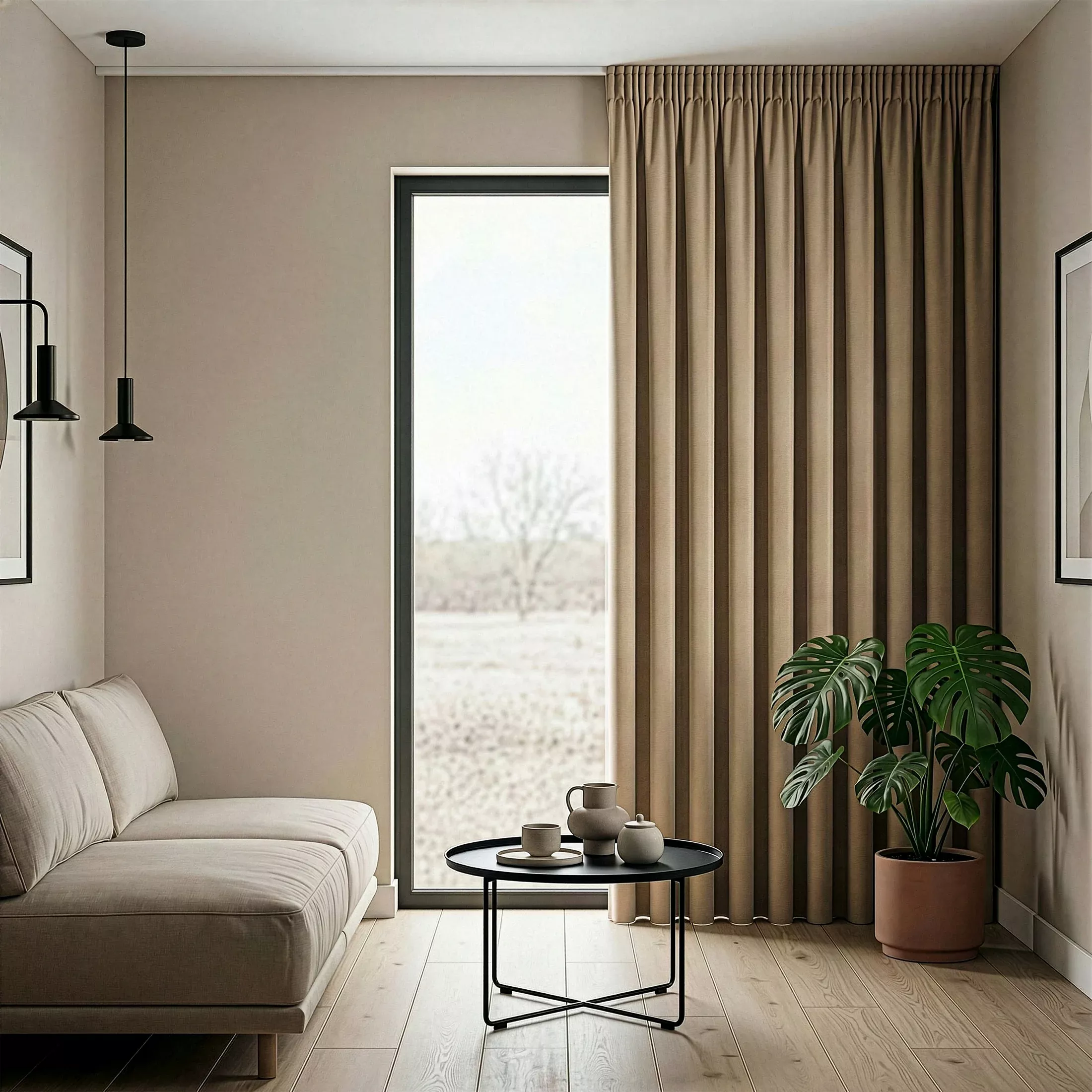Zasłona beżowa 225x250 cm welwetowa taśma