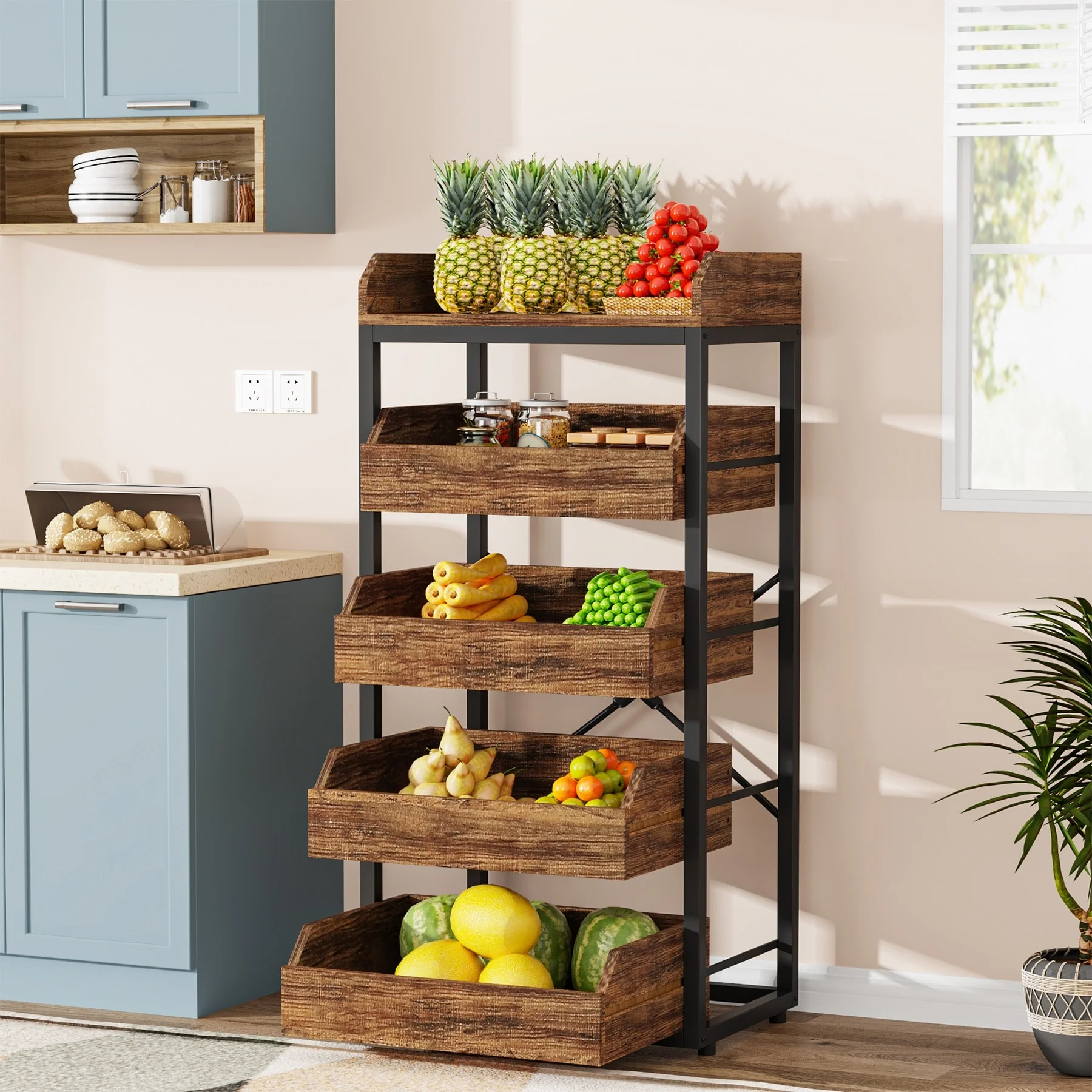 23.6'' W Fruit and Vegetable Wood Storage Rack, 5-Tier Pull-Out Snack Stand Fruit Basket Stand