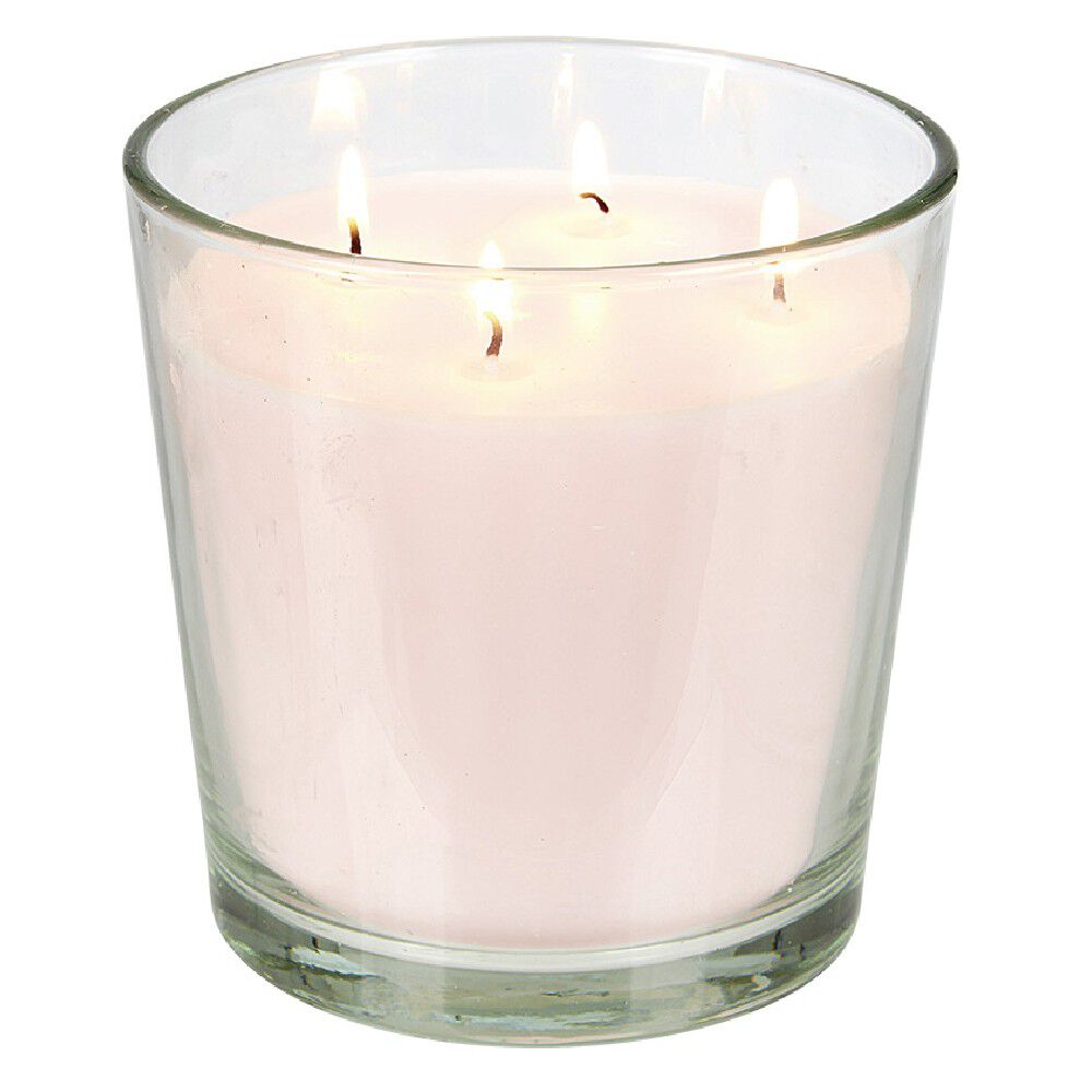 Bougie 4 mèches senteur passion rose dans verre transparent