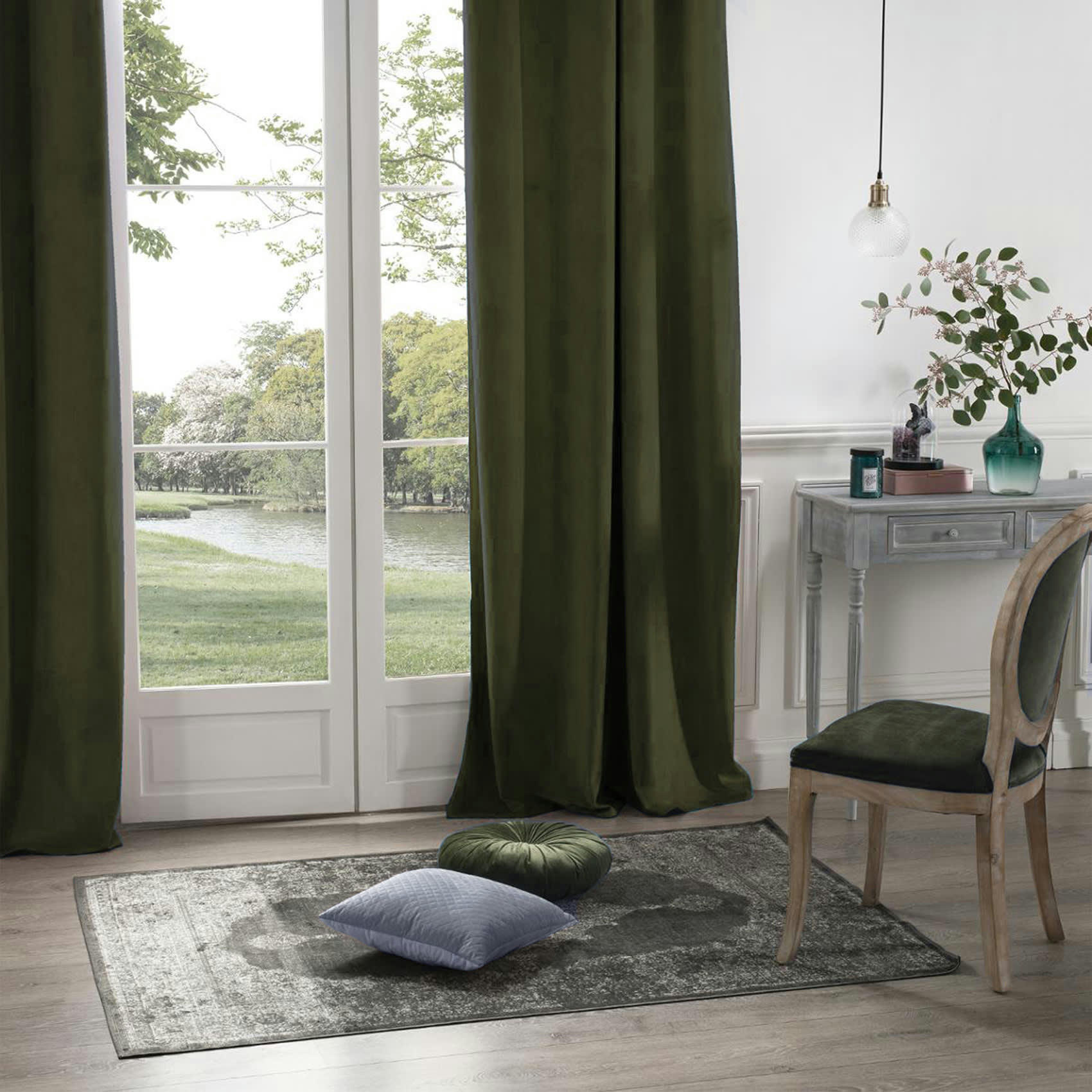 - Rideau en velours occultant polyester vert foncé 140x260 cm