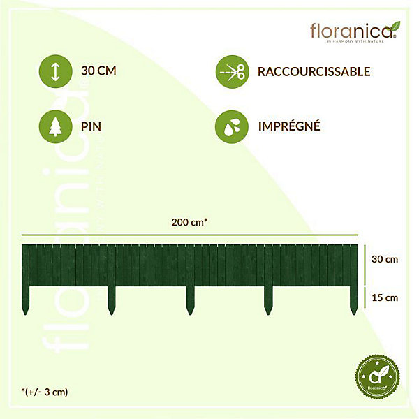 Floranica Bordure de jardin en bois flexible 30 x 200 cm Vert avec piquets, idéale pour délimiter pelouse et massifs de fleurs