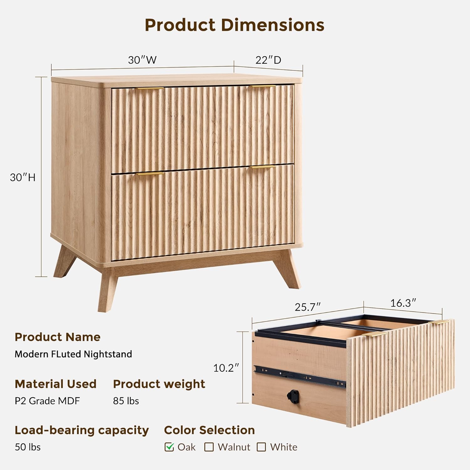 T4TREAM Modern Fluted Wood Night Stand, 30 Tall Bedside Table with 2 Drawers & Large Tabletop, Side Tables Bedroom, End Table for Living Room, Natural Oak