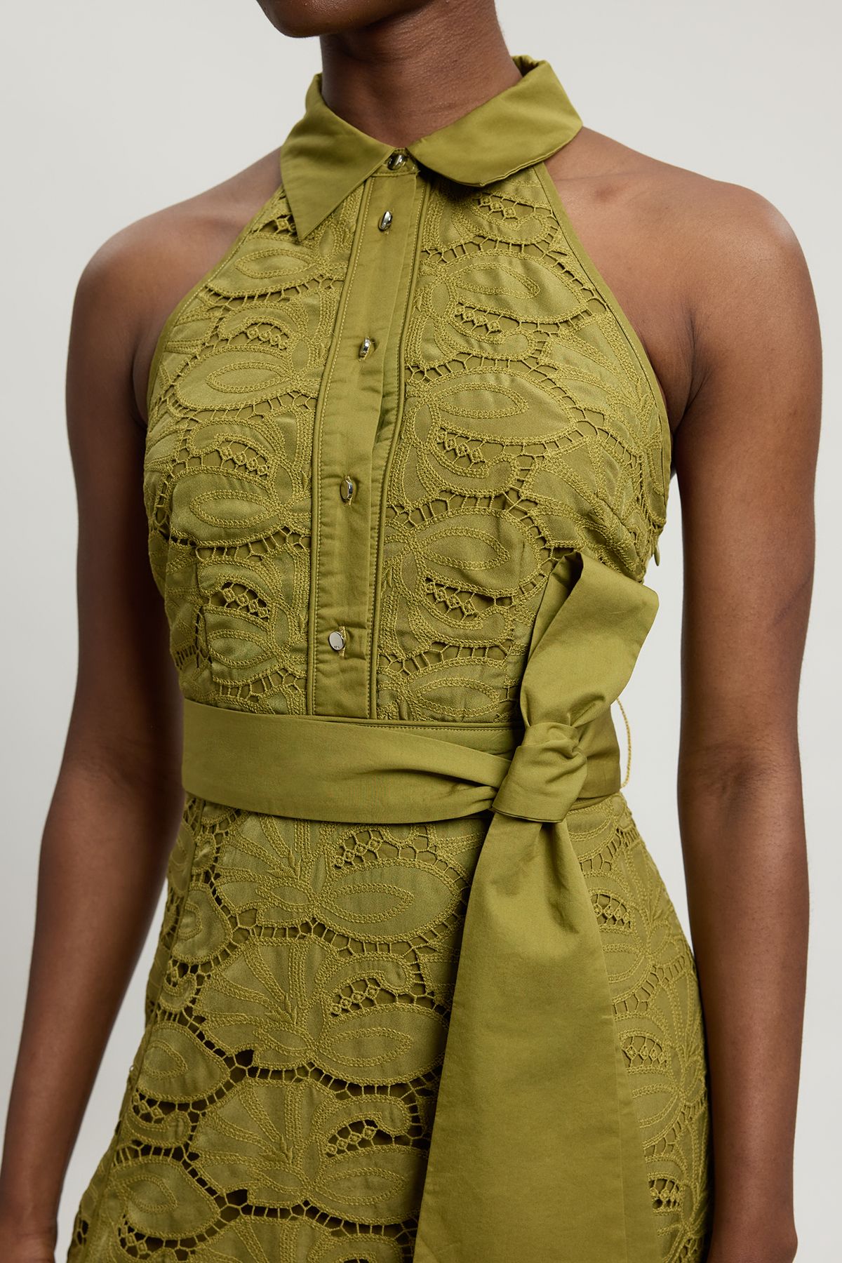 KarenMillen Cutwork Cotton Halterneck Tie Detail Woven Midi Dress