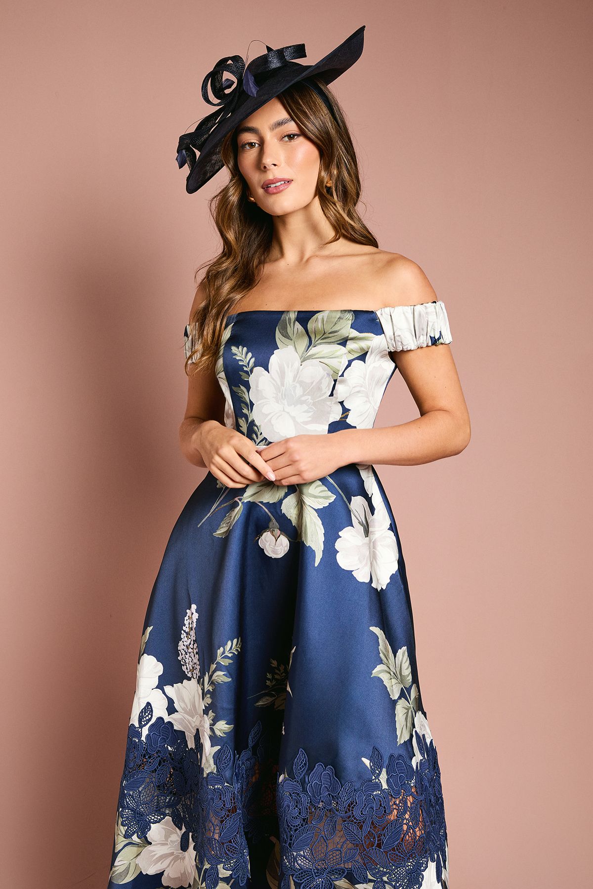 Coast Printed Bardot Twill Midi Dress With Lace Insert