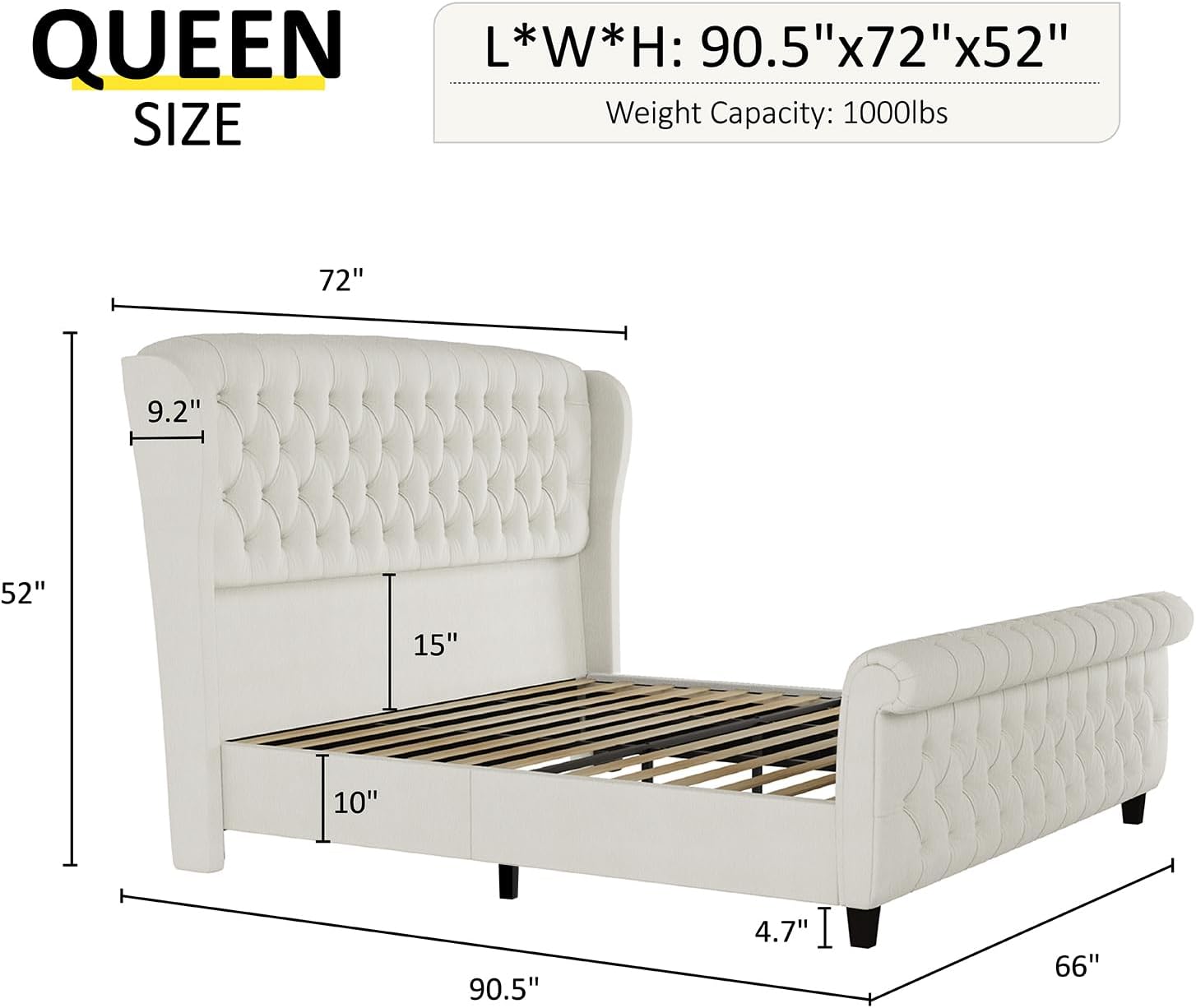 Queen Size Platform Bed Frame, Chenille Upholstered Sleigh Bed with Curved Headboard & Footboard, Deep Button Tufted, Wood Slats Support, No Box Spring Needed, Cream