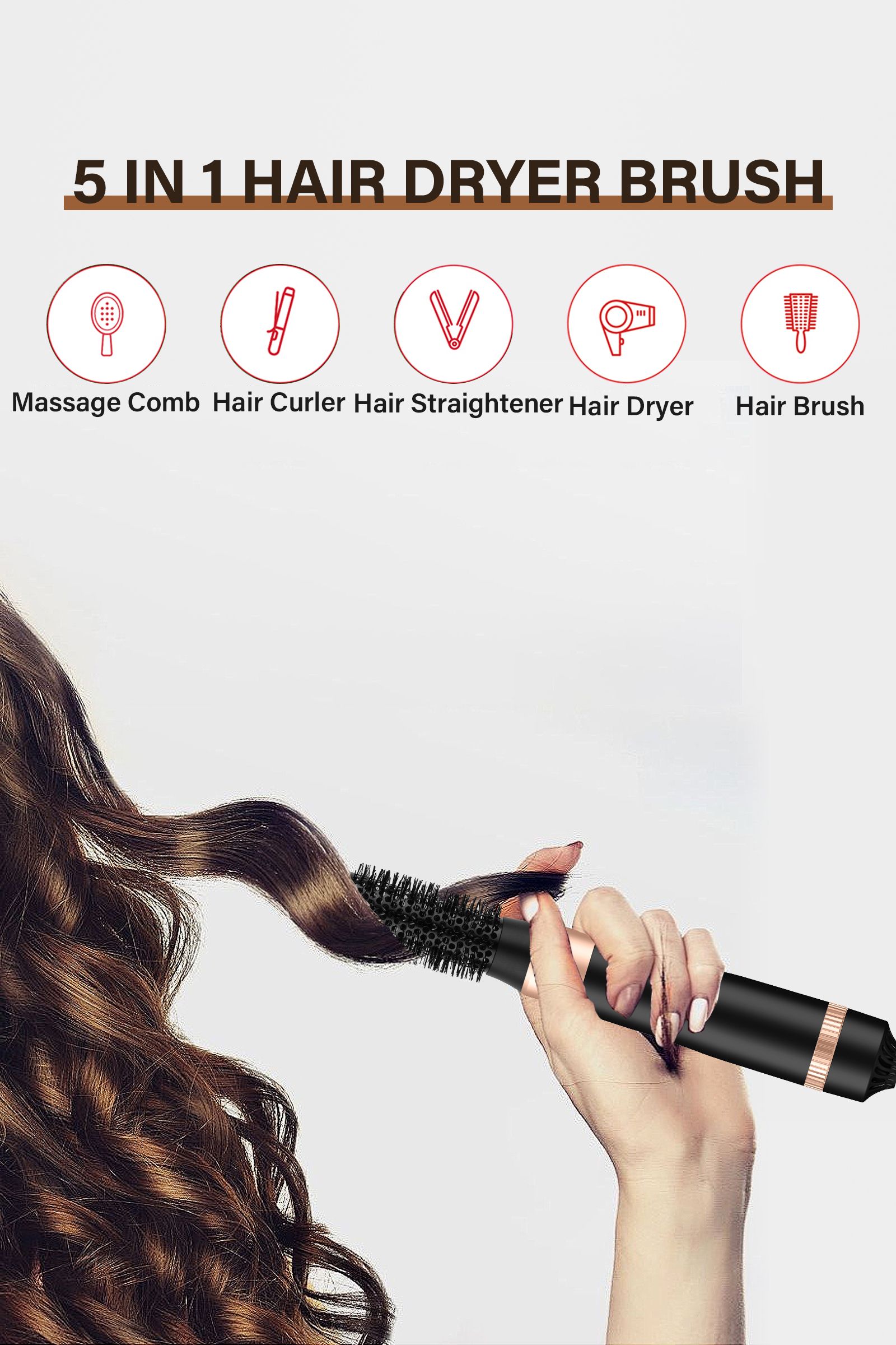 INMTFEI Hot Air Brush Dryer Set 5 in 1 Interchangeable Heads Black