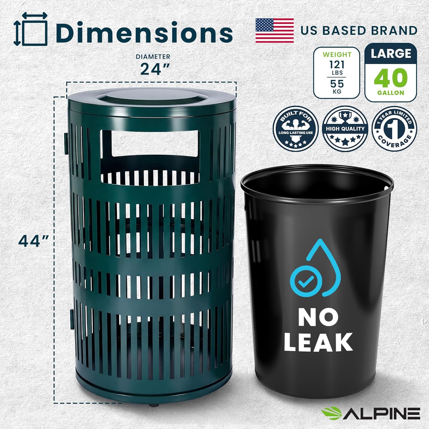 Alpine 40 Gallon Commercial Outdoor Trash Can with Lid, Weather Resistant, Locking Steel Waste Receptacle with Pull-Out Liner, Heavy Duty Galvanized Garbage Bin for Parks, Schools, City Streets- Green